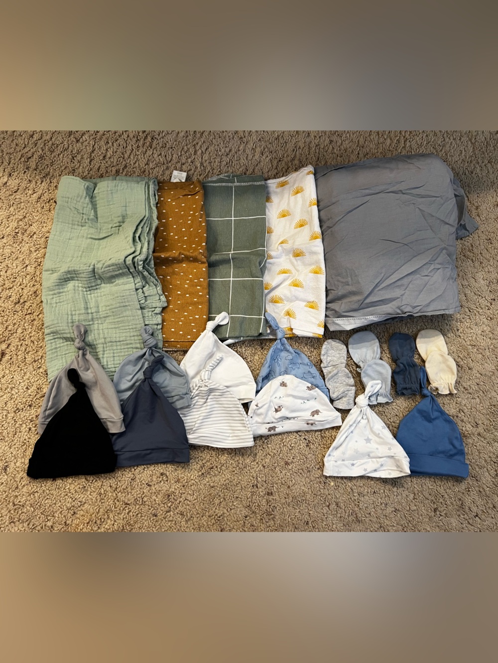 Baby bundle- crib skirt and blankets, muslin blanket, hats, mittens
